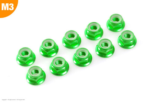 Revtec - Aluminium Nylstop Nut - M3 - Flanged - Green - 10 pcs