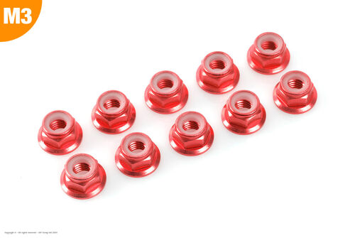 Revtec - Aluminium Nylstop Nut - M3 - Flanged - Red - 10 pcs