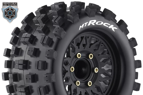 Louise RC - MT-ROCK - 1-10 Monster Truck Tire Set - Mounted - Sport - Black Wheels - Removable HEX 12 Narrow, 12 Wide, 14, 17mm - L-T3275SX