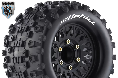 Louise RC - MT-UPHILL - 1-10 Monster Truck Tire Set - Mounted - Sport - Black Wheels - Removable HEX 12 Narrow, 12 Wide, 14, 17mm - L-T3204SX