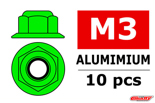 Team Corally - Aluminium Nylstop Nut - M3 - Flanged - Green - 10 pcs