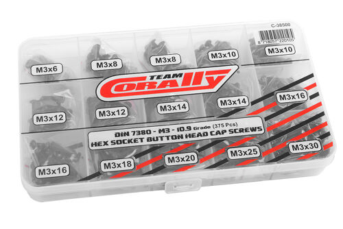 Team Corally - Screw Set M3 - Hex Button Head - DIN 7380 - Steel Black - 10.9 Grade - 15 Sizes - 375 pcs