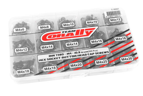 Team Corally - Screw Set M4 - Hex Button Head - DIN 7380 - Steel Black - 10.9 Grade - 15 Sizes - 265 pcs