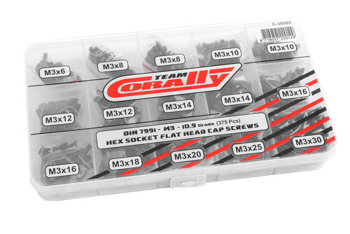 Team Corally - Screw Set M3 - Hex Flat Head - DIN 7991 - Steel Black - 10.9 Grade - 15 Sizes - 375 pcs