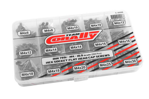 Team Corally - Screw Set M4 - Hex Flat Head - DIN 7991 - Steel Black - 10.9 Grade - 15 Sizes - 265 pcs
