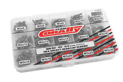 Team Corally - Screw Set M3 - Hex Socket Head - DIN912 - Steel Black - 12.9 Grade - 15 Sizes - 375 pcs