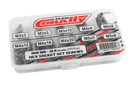 Team Corally - Screw Set - Set Screws - M3 - M4 - M5 - DIN 916 - Steel Black - 12.9 Grade - 10 Sizes - 370 pcs