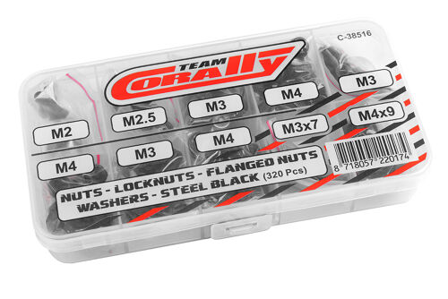 Team Corally - Nuts - Lock Nuts - Washers Set - M2 - M2.5 - M3 - M4 - Steel Black - 10 Sizes - 320 pcs