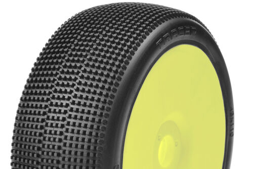 Captic Racing - TRACER - 1/8 Buggy Tires Mounted - CR-2 (Medium-Soft) Racing Compound - Yellow Rims - 1 Pair