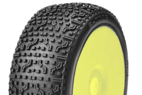Captic Racing - S-CODE - 1/8 Buggy Tires Mounted - CR-3 (Soft) Racing Compound - Yellow Rims - 1 Pair