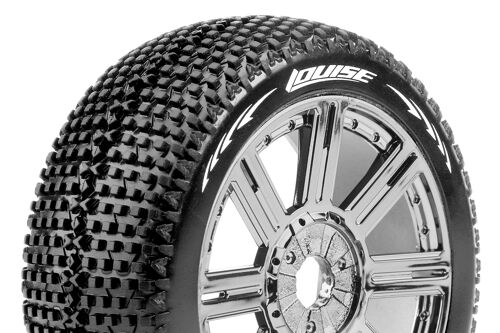 Louise RC - B-TURBO - 1-8 Buggy Tire Set - Mounted - Soft - Black-Chrome Spoke Wheels - Hex 17mm - L-T3104SBC