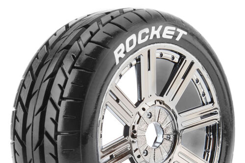 Louise RC - B-ROCKET - 1-8 Buggy Tire Set - Mounted - Soft - Black-Chrome Spoke Wheels - Hex 17mm - L-T3190SBC