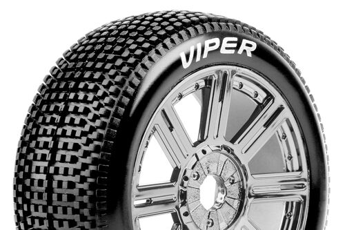 Louise RC - B-VIPER-JA - 1-8 Buggy Tire Set - Mounted - Super Soft - Black-Chrome Spoke Wheels - Hex 17mm - L-T3194VBC