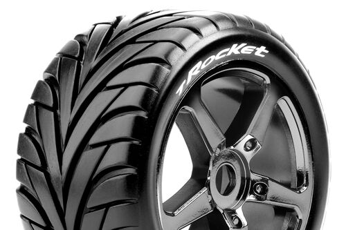 Louise RC - T-ROCKET - 1-8 Truggy Tire Set - Mounted - Soft - Black-Chrome Spoke Wheels - 0-Offset - Hex 17mm - L-T3250SBC