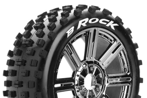 Louise RC - B-ROCK - 1-8 Buggy Tire Set - Mounted - Soft - Black-Chrome Spoke Wheels - Hex 17mm - L-T3270SBC