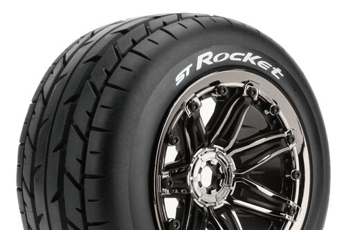 Louise RC - ST-ROCKET - 1-8 Stadium Truck Tire Set - Mounted - Sport - Black Chrome 3.8 Bead Style Wheels - Hex 17mm - L-T3286BC