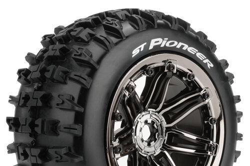 Louise RC - ST-PIONEER - 1-8 Stadium Truck Tire Set - Mounted - Sport - Black Chrome 3.8 Bead Style Wheels - Hex 17mm - L-T3287BC