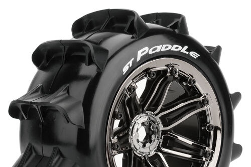 Louise RC - ST-PADDLE- 1-8 Stadium Truck Tire Set - Mounted - Sport - Black Chrome 3.8 Bead Style Wheels - Hex 17mm - L-T3290BC