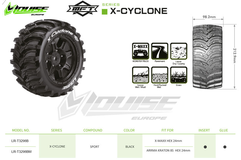 Louise Tires & Wheels X-CYCLONE Arrma Kraton 8S 24mm (MFT) (2) LR-T3298BM Louise Tires & Wheels X-CYCLONE Arrma Kraton 8S 24mm (MFT) (2) LR-T3298BM