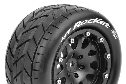 Louise RC - MFT - MT-ROCKET - 1-10 Monster Truck Tire Set - Mounted - Sport - Black 2.8 Bead-Lock Wheels - 0-Offset - Hex 12mm - L-T3307SB
