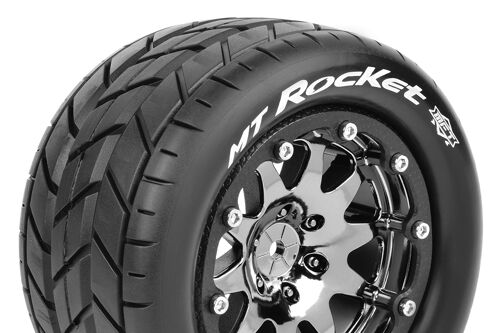 Louise RC - MFT - MT-ROCKET - 1-10 Monster Truck Tire Set - Mounted - Sport - Black Chrome 2.8 Bead-Lock Wheels - 0-Offset - Hex 12mm - L-T3307SBC