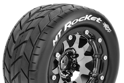Louise RC - MFT - MT-ROCKET - 1-10 Monster Truck Tire Set - Mounted - Sport - Black Chrome 2.8 Bead-Lock Wheels - 1/2-Offset - Hex 12mm - L-T3307SBCH