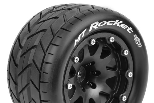 Louise RC - MFT - MT-ROCKET - 1-10 Monster Truck Tire Set - Mounted - Sport - Black 2.8 Bead-Lock Wheels - 1/2-Offset - Hex 12mm - L-T3307SBH