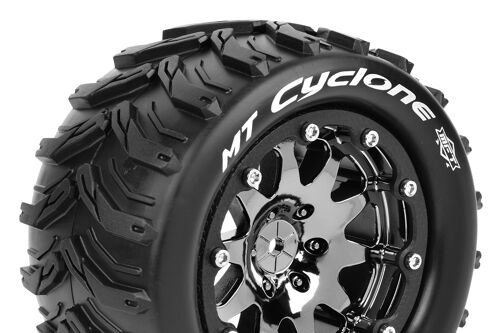 Louise RC - MFT - MT-CYCLONE - 1-10 Monster Truck Tire Set - Mounted - Sport - Black Chrome 2.8 Bead-Lock Wheels - 0-Offset - Hex 12mm - L-T3310SBC
