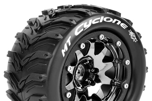 Louise RC - MFT - MT-CYCLONE - 1-10 Monster Truck Tire Set - Mounted - Sport - Black Chrome 2.8 Bead-Lock Wheels - 1/2-Offset - Hex 12mm - L-T3310SBCH
