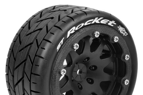 Louise RC - MFT - ST-ROCKET - 1-10 Monster Truck Tire Set - Mounted - Sport - Black 2.8 Bead-Lock Wheels - 0-Offset - Hex 12mm - L-T3311SB