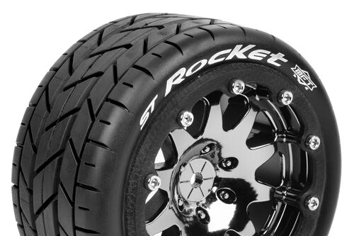 Louise RC - MFT - ST-ROCKET - 1-10 Monster Truck Tire Set - Mounted - Sport - Black Chrome 2.8 Bead-Lock Wheels - 0-Offset - Hex 12mm - L-T3311SBC