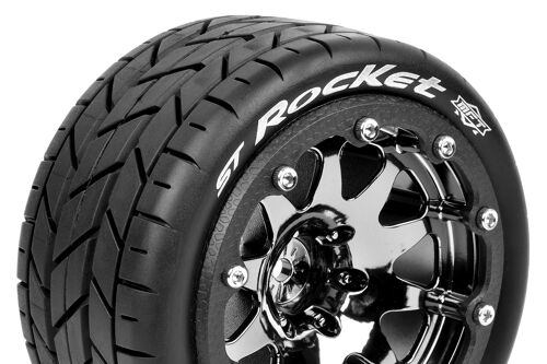 Louise RC - MFT - ST-ROCKET - 1-10 Monster Truck Tire Set - Mounted - Sport - Black Chrome 2.8 Bead-Lock Wheels - 1/2-Offset - Hex 12mm - L-T3311SBCH