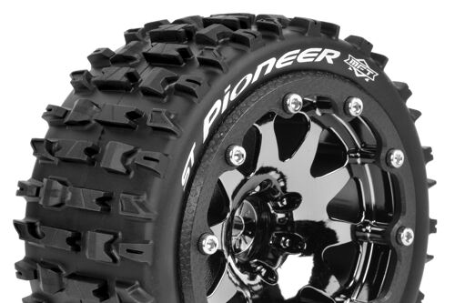 Louise RC - MFT - ST-PIONEER - 1-10 Monster Truck Tire Set - Mounted - Sport - Black Chrome 2.8 Bead-Lock Wheels - 1/2-Offset - Hex 12mm - L-T3312SBCH