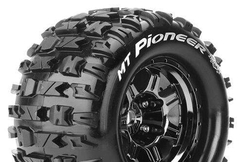 Louise RC - MFT - MT-PIONEER - 1-8 Monster Truck Tire Set - Mounted - Sport - Black Chrome 3.8 Bead Style Wheels - 0-Offset - Hex 17mm - L-T3321BC