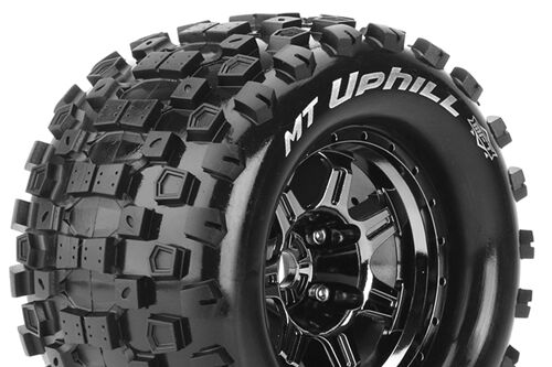 Louise RC - MFT - MT-UPHILL - 1-8 Monster Truck Tire Set - Mounted - Sport - Black Chrome 3.8 Bead Style Wheels - 0-Offset - Hex 17mm - L-T3322BC