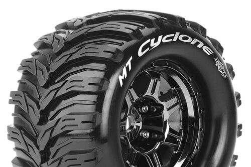 Louise RC - MFT - MT-CYCLONE - 1-8 Monster Truck Tire Set - Mounted - Sport - Black Chrome 3.8 Bead Style Wheels - 0-Offset - Hex 17mm - L-T3323BC