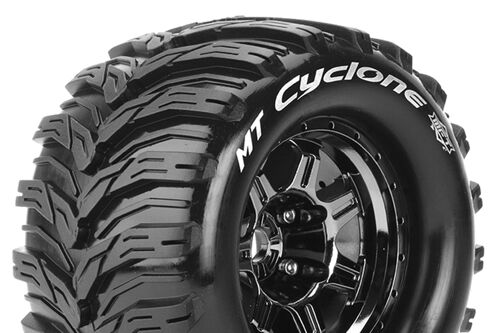 Louise RC - MFT - MT-CYCLONE - 1-8 Monster Truck Tire Set - Mounted - Sport - Black Chrome 3.8 Bead Style Wheels - 1/2-Offset - Hex 17mm - L-T3323BCH