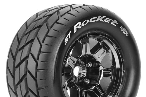Louise RC - MFT - ST-ROCKET - 1-8 Stadium Truck Tire Set - Mounted - Sport - Black Chrome 3.8 Bead Style Wheels - 1/2-Offset - Hex 17mm - L-T3324BCH