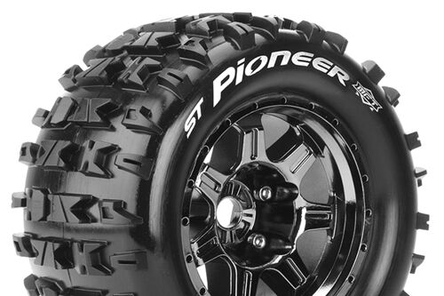 Louise RC - MFT - ST-PIONEER - 1-8 Stadium Truck Tire Set - Mounted - Sport - Black Chrome 3.8 Bead Style Wheels - 0-Offset - Hex 17mm - L-T3325BC