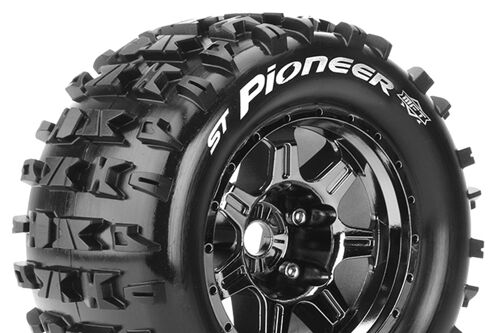 Louise RC - MFT - ST-PIONEER - 1-8 Stadium Truck Tire Set - Mounted - Sport - Black Chrome 3.8 Bead Style Wheels - 1/2-Offset - Hex 17mm - L-T3325BCH