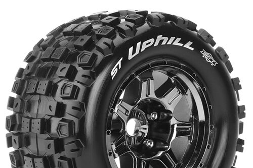 Louise RC - MFT - ST-UPHILL - 1-8 Stadium Truck Tire Set - Mounted - Sport - Black Chrome 3.8 Bead Style Wheels - 0-Offset - Hex 17mm - L-T3326BC
