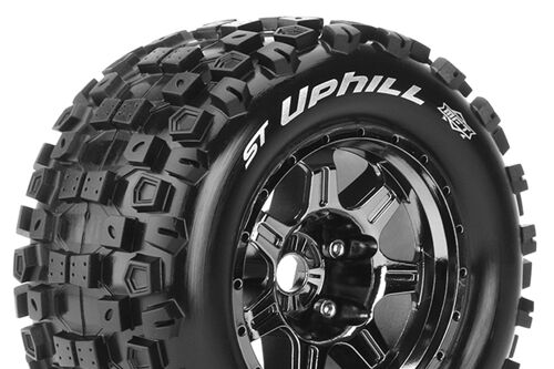 Louise RC - MFT - ST-UPHILL - 1-8 Stadium Truck Tire Set - Mounted - Sport - Black Chrome 3.8 Bead Style Wheels - 1/2-Offset - Hex 17mm - L-T3326BCH