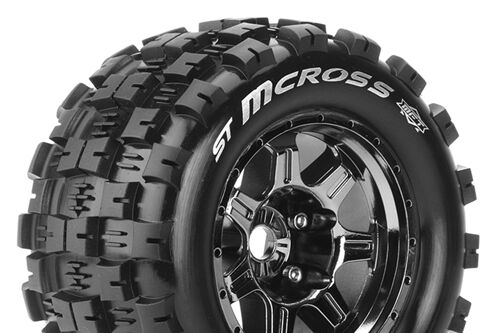 Louise RC - MFT - ST-MCROSS - 1-8 Stadium Truck Tire Set - Mounted - Sport - Black Chrome 3.8 Bead Style Wheels - 0-Offset - Hex 17mm - L-T3327BC