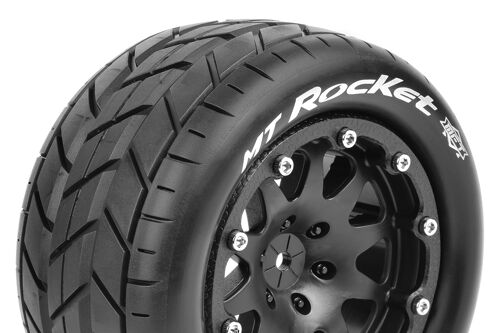 Louise RC - MFT - MT-ROCKET - 1-10 Monster Truck Tire Set - Mounted - Sport - Black 2.8 Bead-Lock Wheels - 1/2-Offset - Hex 14mm - L-T3307SBM