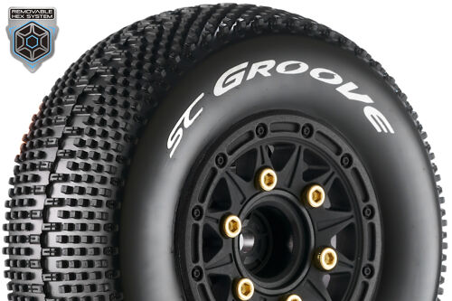 Louise RC - SC-GROOVE - 1-10 Short Course Tire Set - Mounted - Soft - Black Wheels - Removable 1-10 SC Hex - 12, 14, 17mm - L-T3146SB