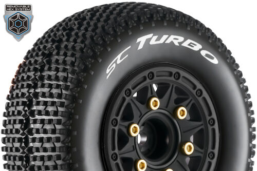 Louise RC - SC-TURBO - 1-10 Short Course Tire Set - Mounted - Soft - Black Wheels - Removable 1-10 SC Hex - 12, 14, 17mm - L-T3147SB