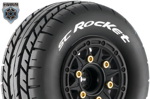 Louise RC - SC-ROCKET - 1-10 Short Course Tire Set - Mounted - Soft - Black Wheels - Removable 1-10 SC Hex - 12, 14, 17mm - L-T3154SB