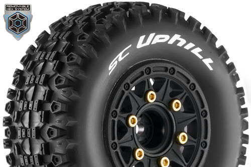 Louise RC - SC-UPHILL - 1-10 Short Course Tire Set - Mounted - Soft - Black Wheels - Removable 1-10 SC Hex - 12, 14, 17mm - L-T3223SB