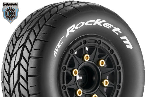 Louise RC - SC-ROCKET M - 1-10 Short Course Tire Set - Mounted - Soft - Black Wheels - Removable 1-10 SC Hex - 12, 14, 17mm - L-T3228SB