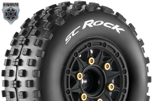 Louise RC - SC-ROCK - 1-10 Short Course Tire Set - Mounted - Soft - Black Wheels - 1-10 SC Removable Hex - 12, 14, 17mm - L-T3229SB